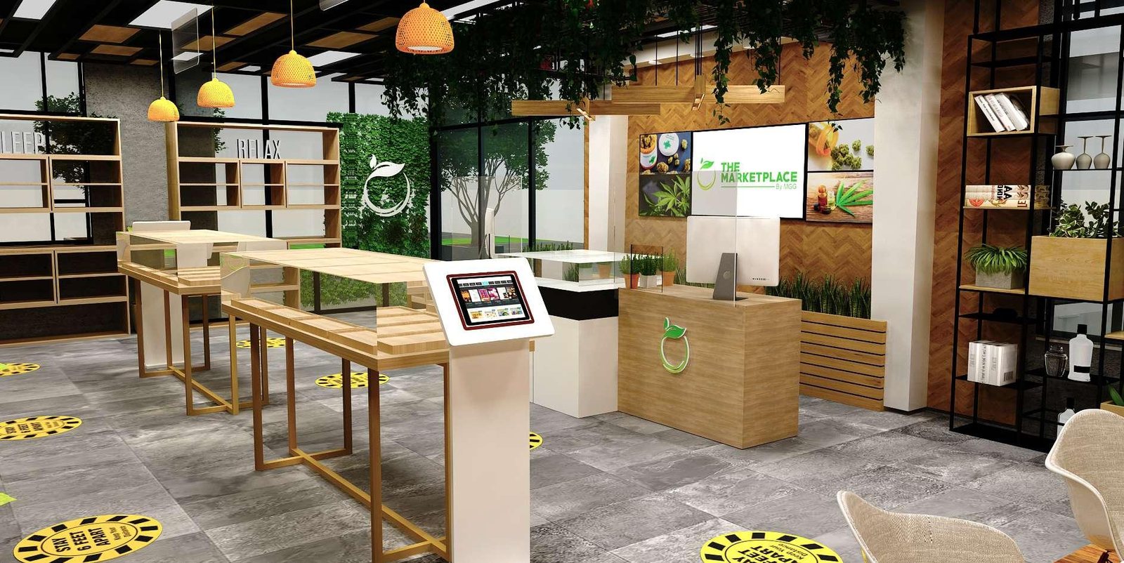 Retail interior with timber fixtures and display tables